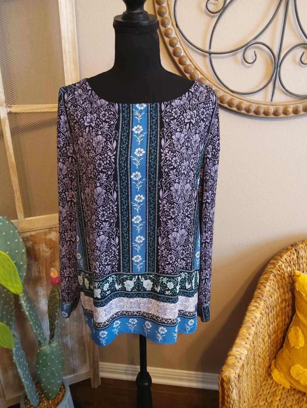 LOFT Blue and Lavender Floral Stripe Long-Sleeve Tunic